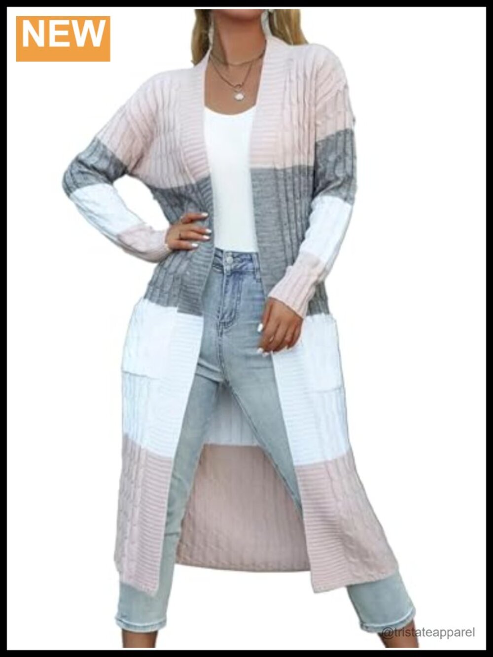 Plus Size Color Block Chunky Cable Knit Long Duster Cardigan Open Front